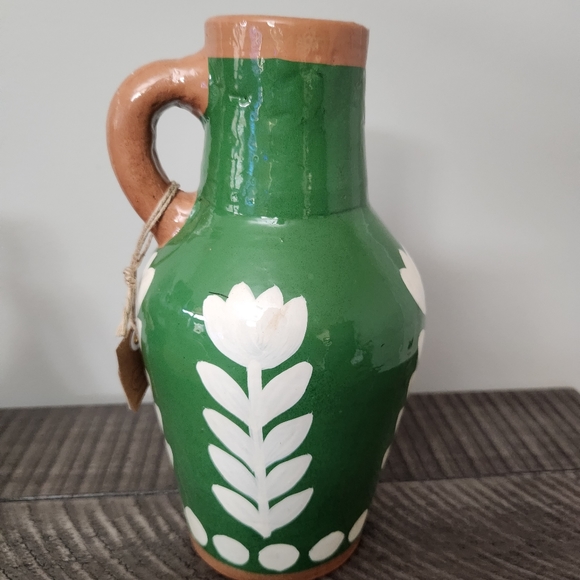 New Mud Pie Floral Dot Vase Jug Decor Stoneware Terracotta Green - Picture 5 of 6